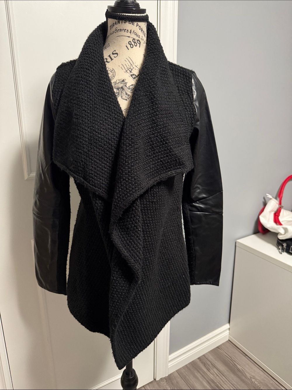 Black Draped Knit Sweater with Faux Leather Sleeves by Stradivarius - Small